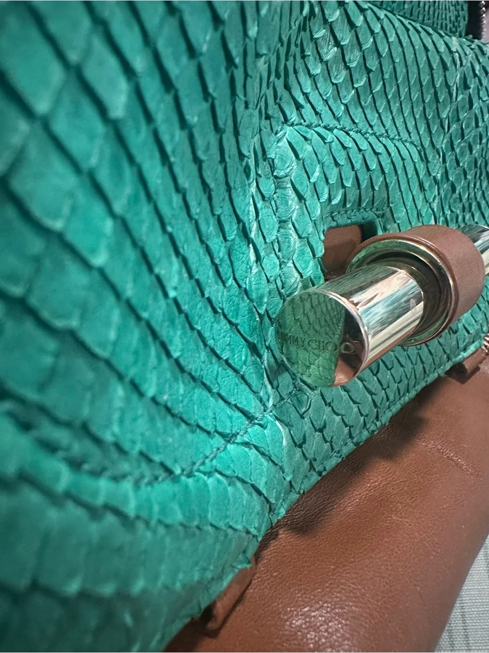 JIMMY CHOO AUTHENTIC Brown & Teal Green Python snake and Leather Bowler Bag
